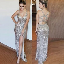 Spaghetti Straps V Neck Long Prom Dress Backless Mermaid Front Slit Sequin Formal Evening Dress 2019 fashion v neck cutout cross back front slit dress for women