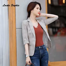 1pcs Women Plus size Blazers coats 2019 Summer cotton blend plaid Slim fit Small Suits jackets ladies Skinny Blazers Suits coat