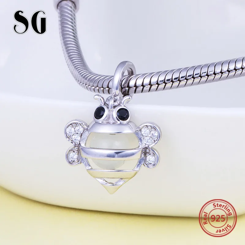 

SG 925 Sterling silver little bee glowing charms pendant fit authentic European bracelet European fashion jewelry making gifts