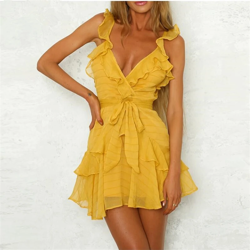 

Deep V Neck Sexy summer A-Line dress Ruffle Bow Women Dress Solid Casual Bohemian Beach Dress mini Vestidos 133