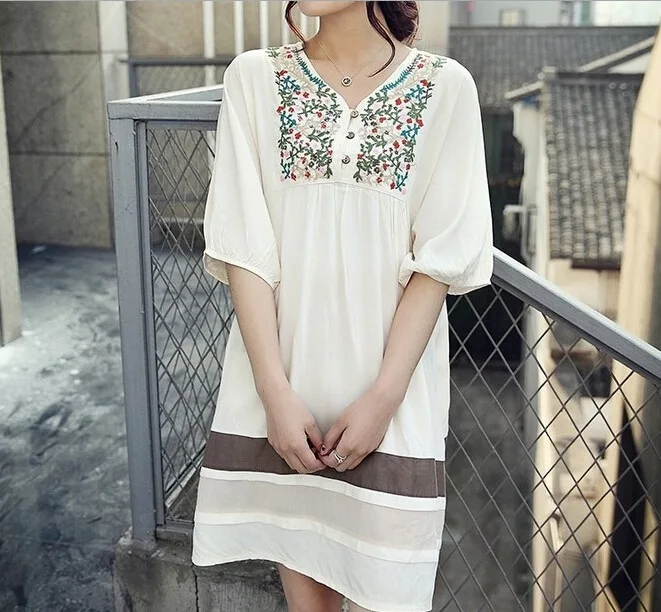 

boho white summer dress big size clothing 2019 loose beach dress embroidered cotton linen casual large size women vestidos