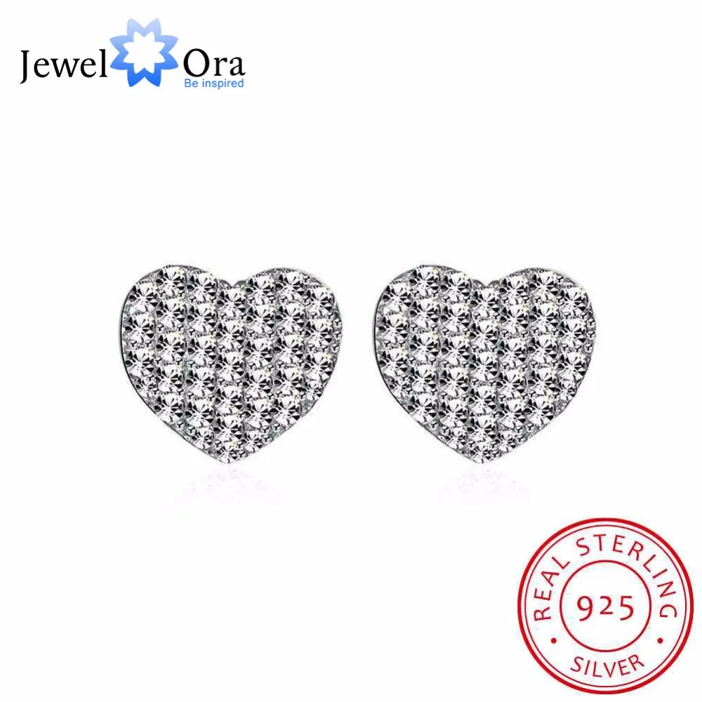 Пусеты / серьги из Рафинированного Серебра 925 с кубиким циркониями, симпатичный Блесткий сердце Дизайн, Свадебные ювелирные изделия серьги для женщин,Бижутеря подарок для дочки(JewelOra EA101921
