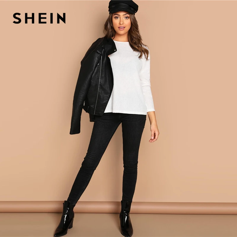 SHEIN Трикотажный Однотонный Топ С Заниженной Линией Плеч Женский Весенний Повседневный Топ С Длинными Рукавами