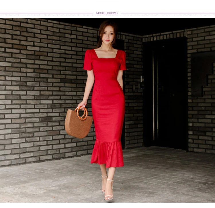 Foamlina женское элегантное красное платье Лето квадратный вырез с коротким рукавом Slim Fit оборки до середины голени Вечеринка винтажное платье Vestidos