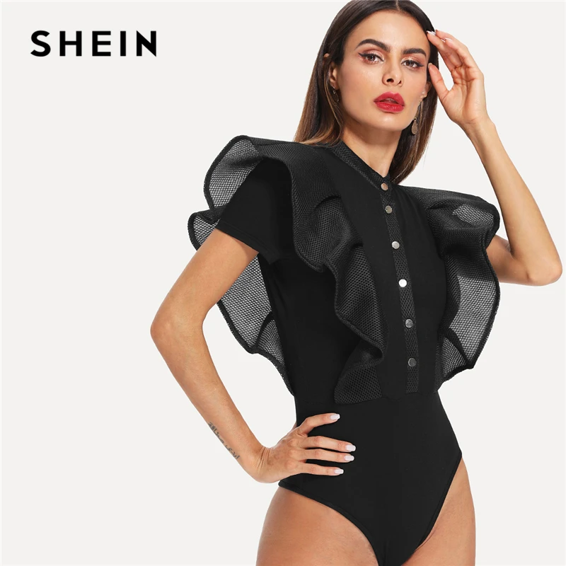SHEIN الأسود أنيقة زر يصل شبكة حافة كشكش تركيبها موقف طوق قصيرة الأكمام نحيل ارتداءها الصيف النساء حزب ارتداءها SHEIN الأسود أنيقة زر يصل شبكة حافة كشكش تركيبها موقف طوق قصيرة الأكمام نحيل ارتداءها الصيف النساء حزب ارتداءها