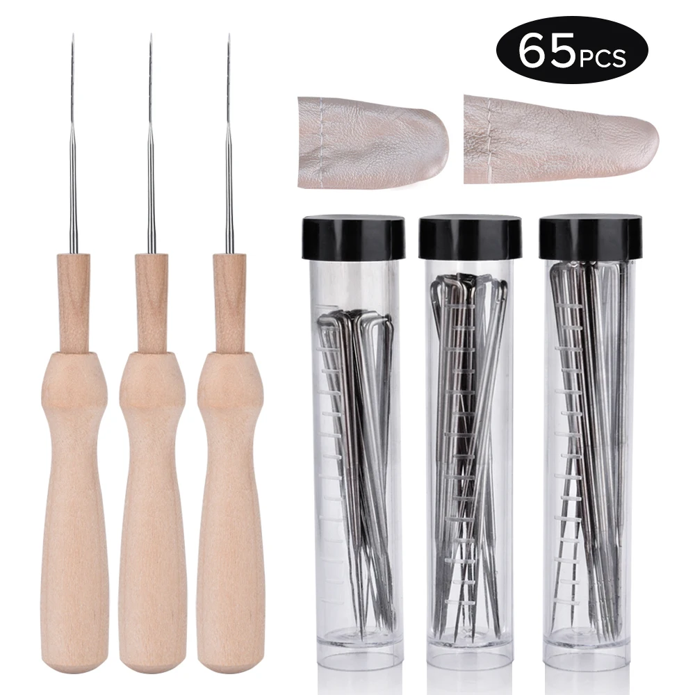 

65PCS Felting Needles Wool Felt Fabric Tools Wooden Handle Holder Poking Paper Chip Finger Cot Felt Handcraft DIY Craft Sewing