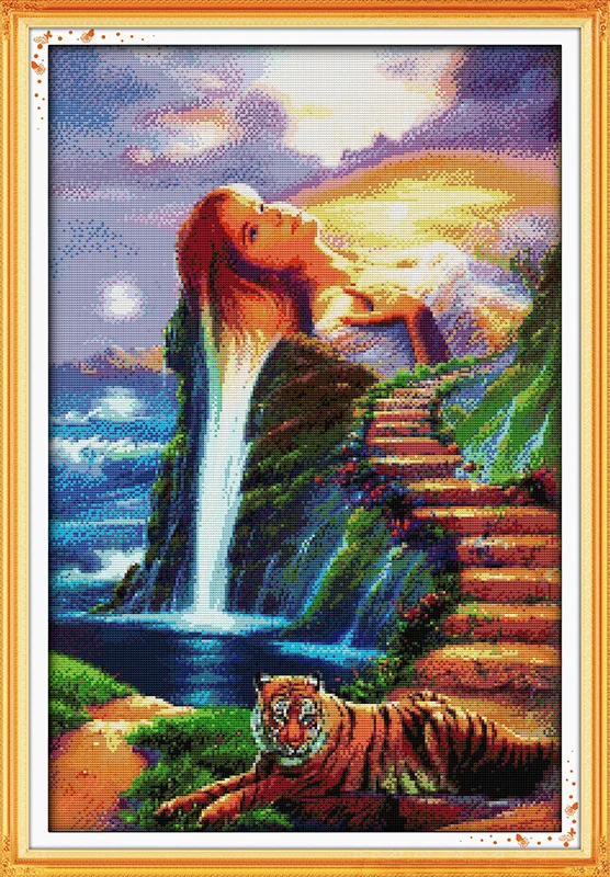 

Beauty and tiger seaside Printed Canvas DMC Counted Chinese Cross Stitch Kits printed Cross-stitch set Embroidery Needlework
