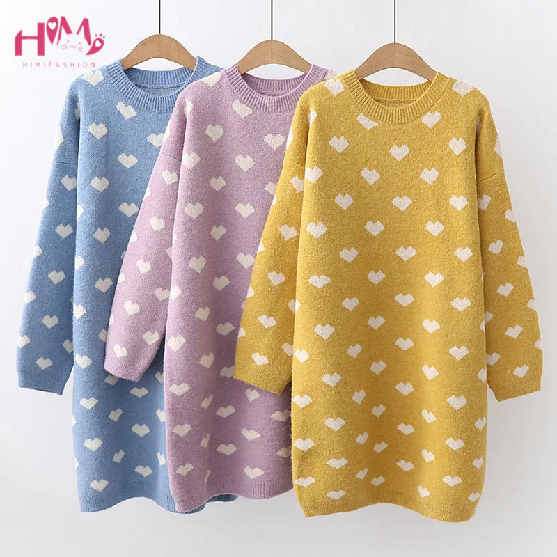

Autumn Winter Women Long Sleeve Sweater Dress Lovely Yellow Knitted Pullover Korean Vintage Kawaii Plus Size Wool Clothes Pink