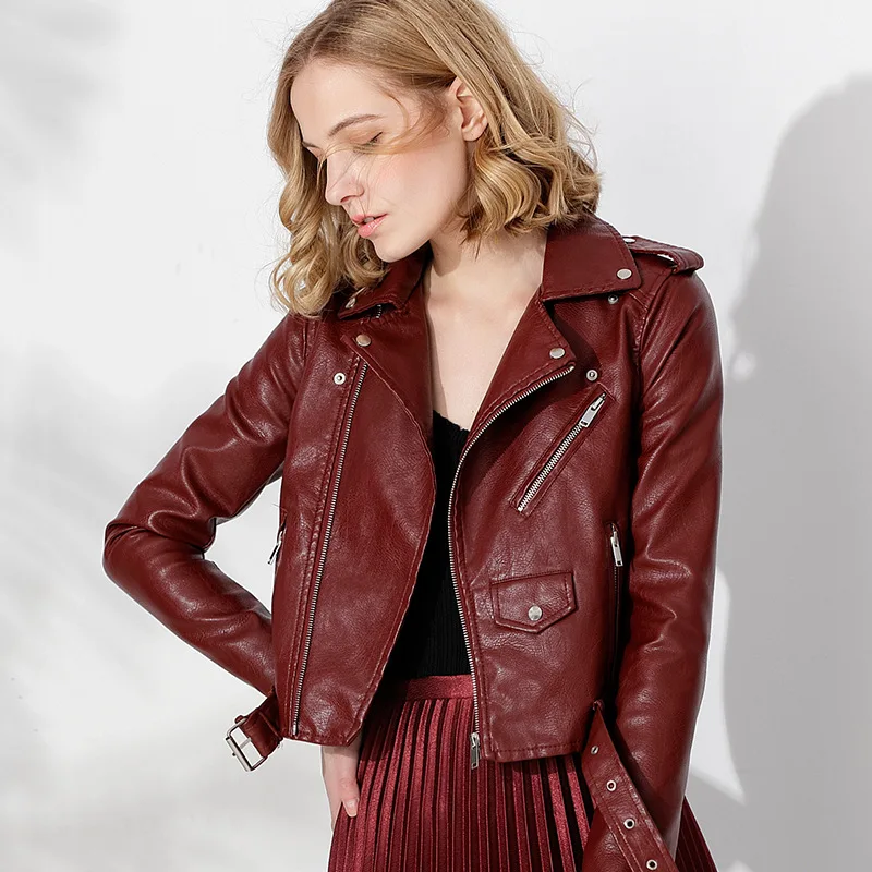 Spring Autumn outerwear New Female Wine Red PU Leather Jacket for women