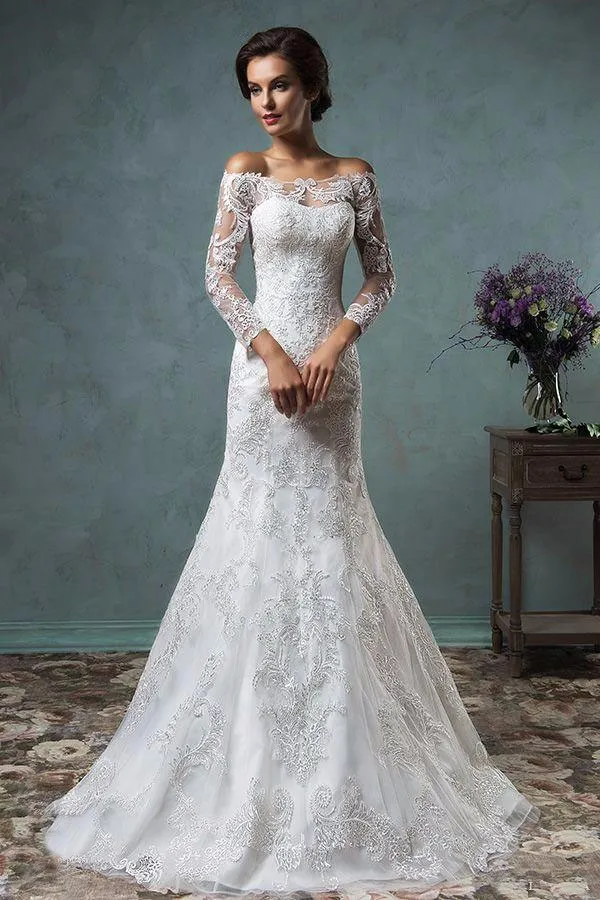 2016-New-Sexy-Sheer-Long-Sleeves-Mermaid-Wedding-Dresses-Off-The-Shoulder-Court-Train-Lace-Bridal (2)