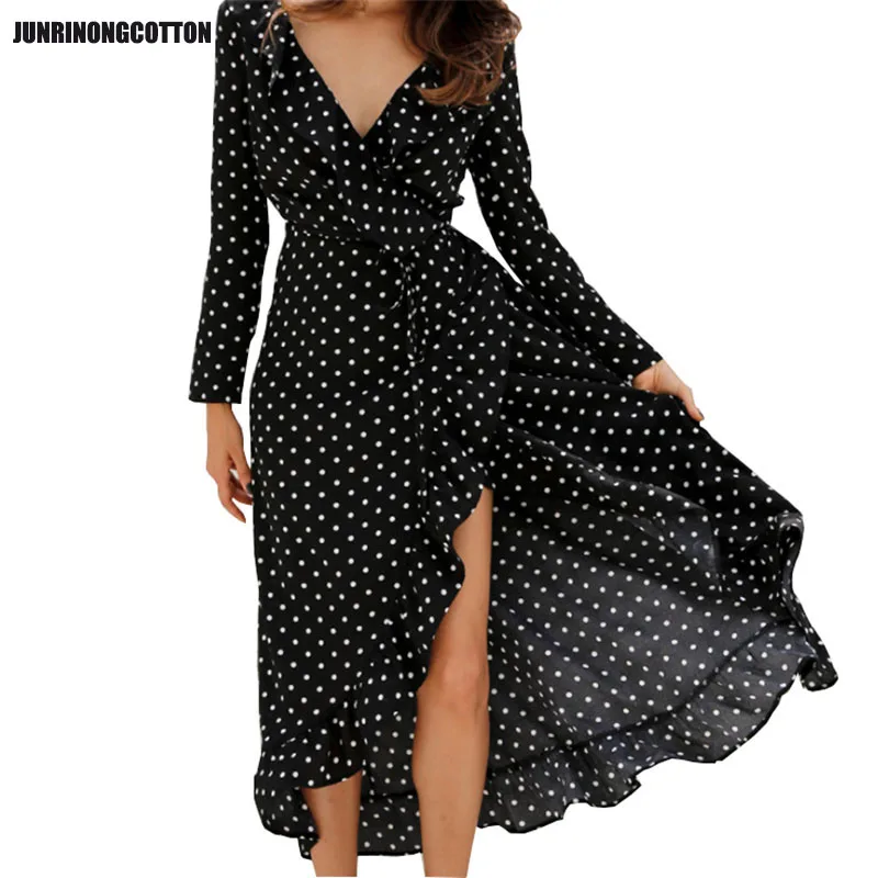 

long sleeve dot printing dress for women sexy v neck Ruffles wrap Mermaid dress female autumn Split Ankle-Length party vestidos