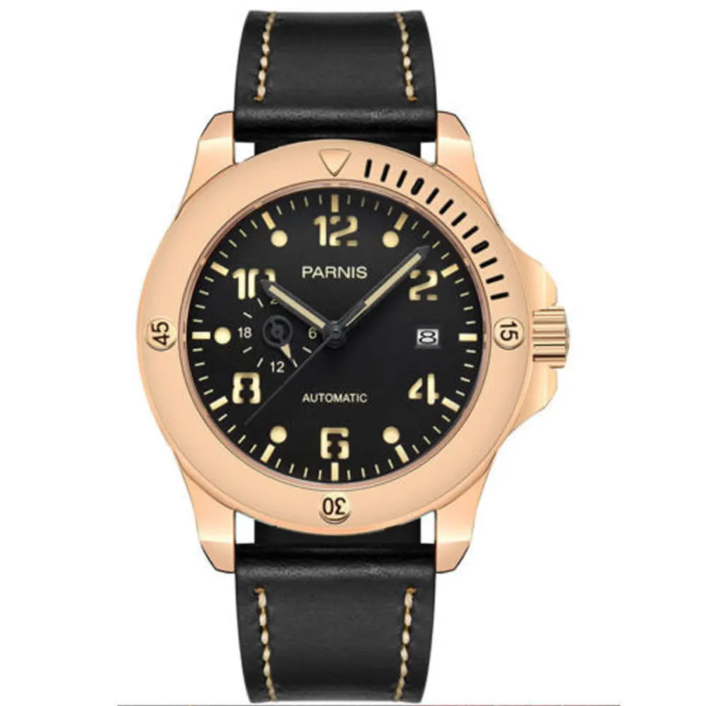 

44mm parnis Black Dial Leather Complete Calendar Golden Plated Case Sapphire Crystal Miyota Automatic Mechanical Men's Watch
