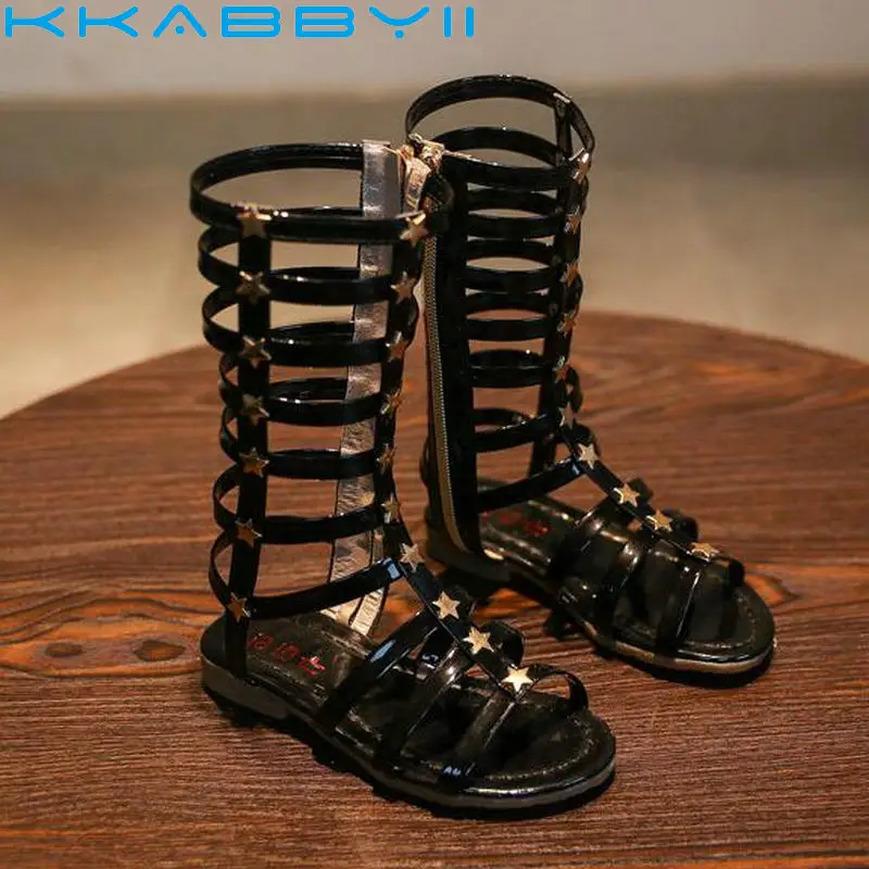 

2018 Summer 3 Colors Baby Girl Cut-Outs Hollow Roman Sandals Children Knee Boots Gladiator Kid Flat Glitter Star Zipper PU Shoes