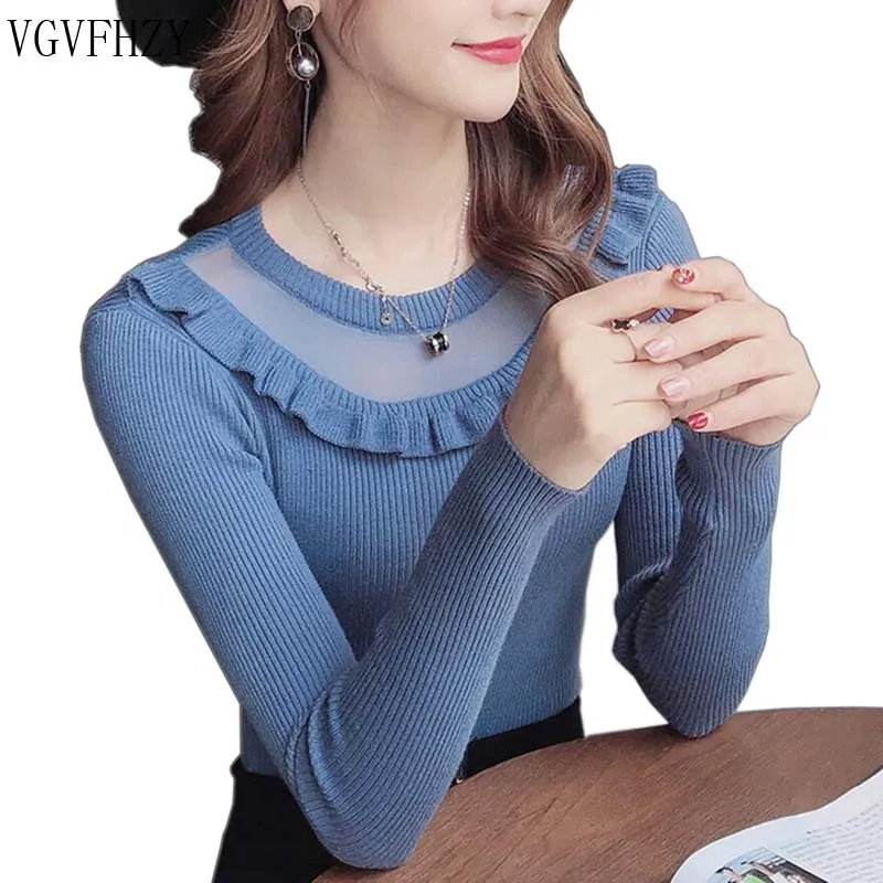 Women Long Sleeve Sweater O neck Tight ruffled Pullover High Stretchy Autumn Winter Woman Sweaters Knit Top Female Jumper LY1304 | Женская