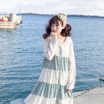 

Japanese Mori Girl Tunique Femme Vintage Retro Ethnic Hippie Embroidery Lace Cotton Floral Print Patchwork Women Summer Dress