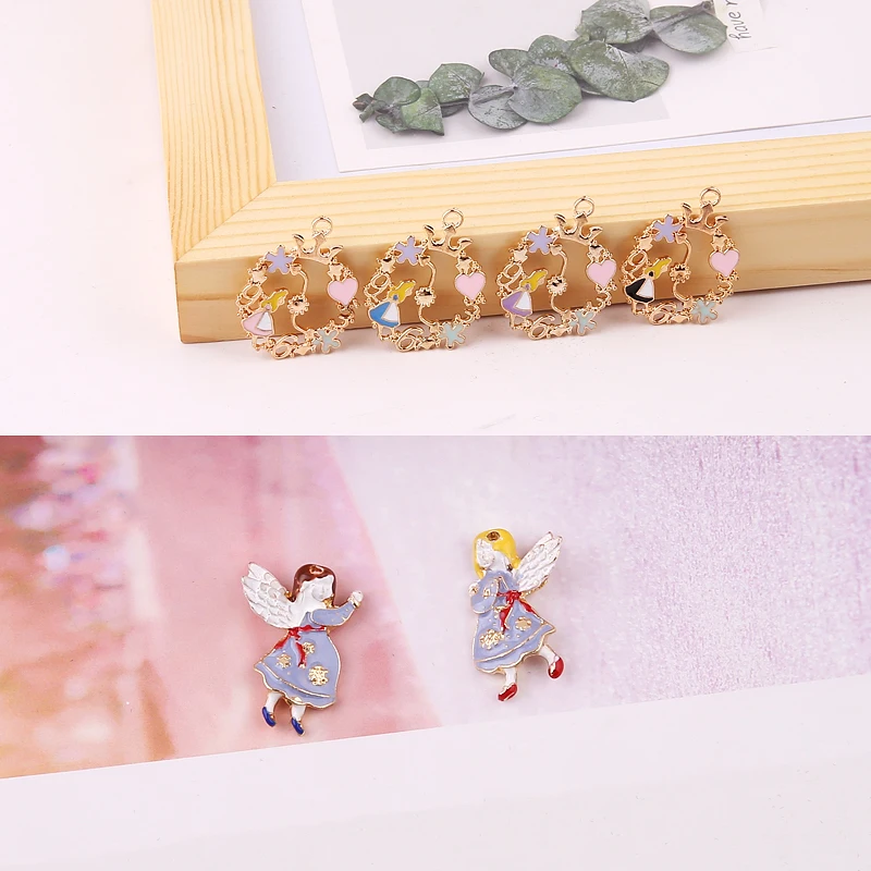

10pcs Alice In Wonderland Flower Girl's Enamel Charms Oil Drop Angel Alice Alloy Pendant DIY Bracelet Jewelry Accessory YZ037