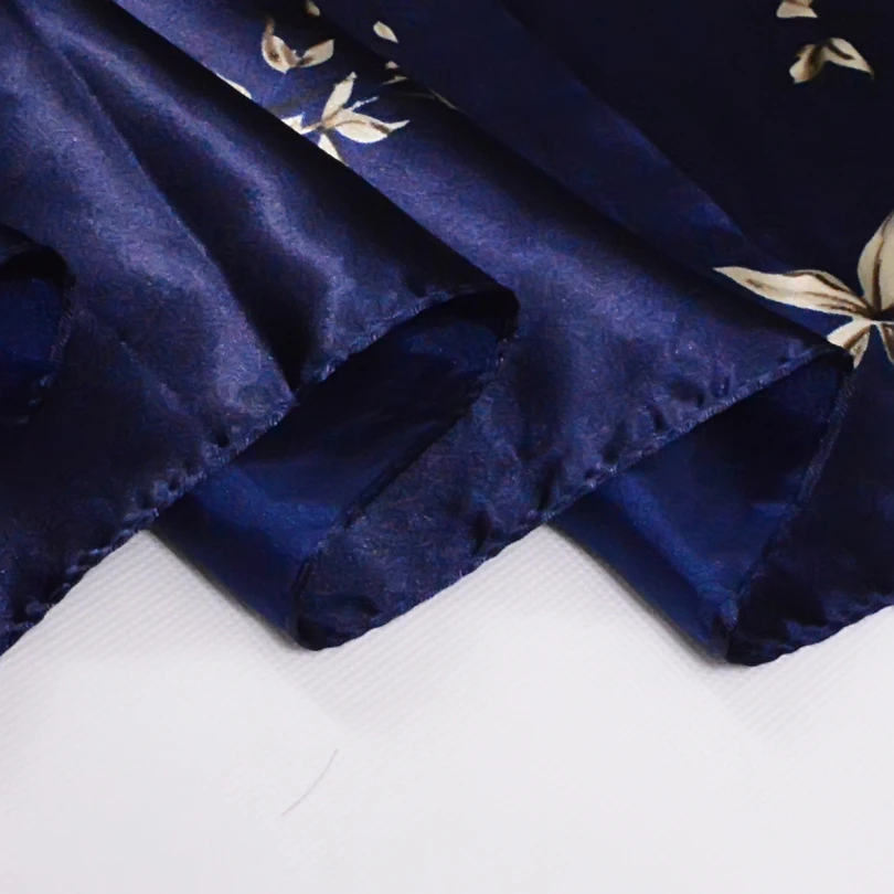 Elegant Navy Blue Silk Scarf with Chinese Rose Design - Large Square Ladies' Fashion Accessory