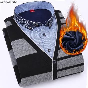 

AreMoMuWha 2018 Autumn and Winter New Plus Velvet Thickening Men's Warm Fake Two-piece Shirt Collar Youth Bottoming Set QX184