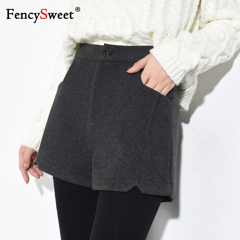 Fencysweet Высокая Талия шерстяные Для женщин шорты осень зима широкие брюки короткие
