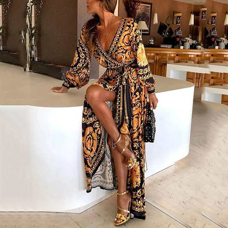 Новинка весна/лето 2019, Стильный Африканский стиль, сексуальное платье с глубоким v-образным вырезом, юбка с принтом