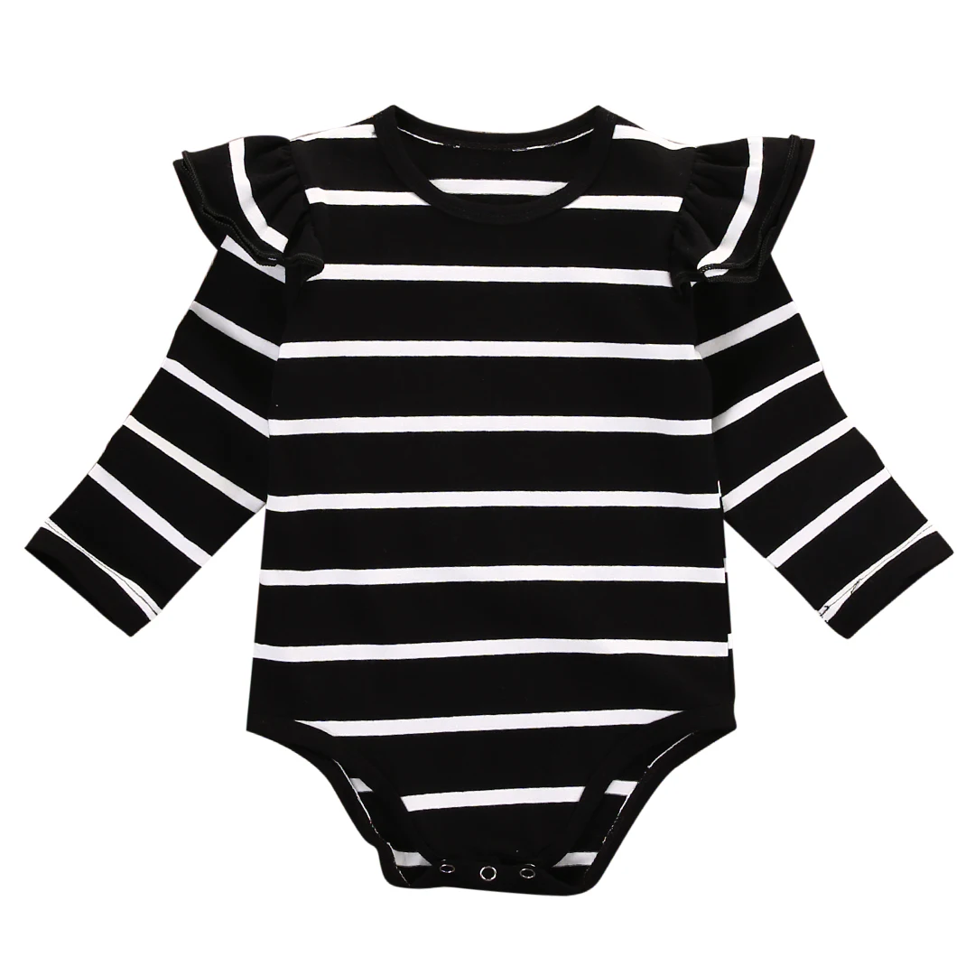 Полосатая одежда для малышей с оборками; комбинезон; коллекция года; комбинезон для новорожденных; хлопковый комбинезон для маленьких мальчиков и девочек; комплект одежды - Цвет: Черный
