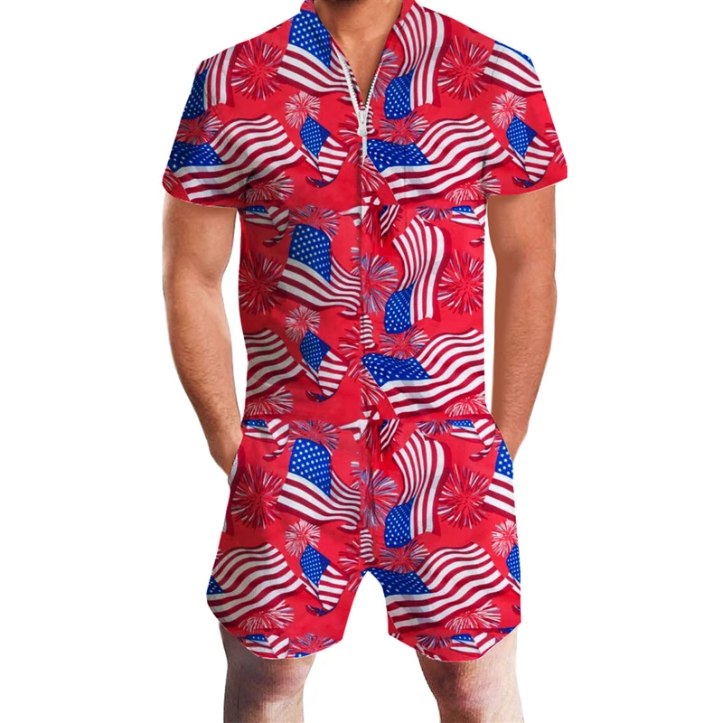 Фламинго 3D мужские комбинезоны с коротким рукавом и круглым вырезом Летний Пляжный Бро комбинезон наряды цельный комбинезон комбинезоны с карманами