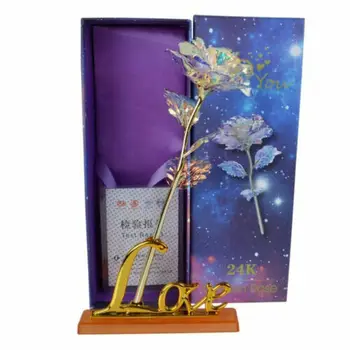 

24k Galaxy Rose Flower With Love Base Stand Artificial Roses LED Light Fake Gold Foil Flower