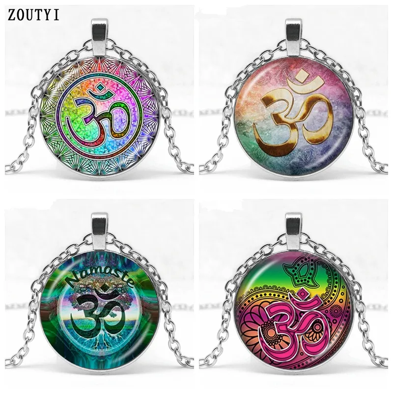 

2018/Om Aum Ohm Buddha Necklace Namaste Glass Pendant Jewelry Hindu Symbol Pendant Meditation Hindu Sweater Necklace