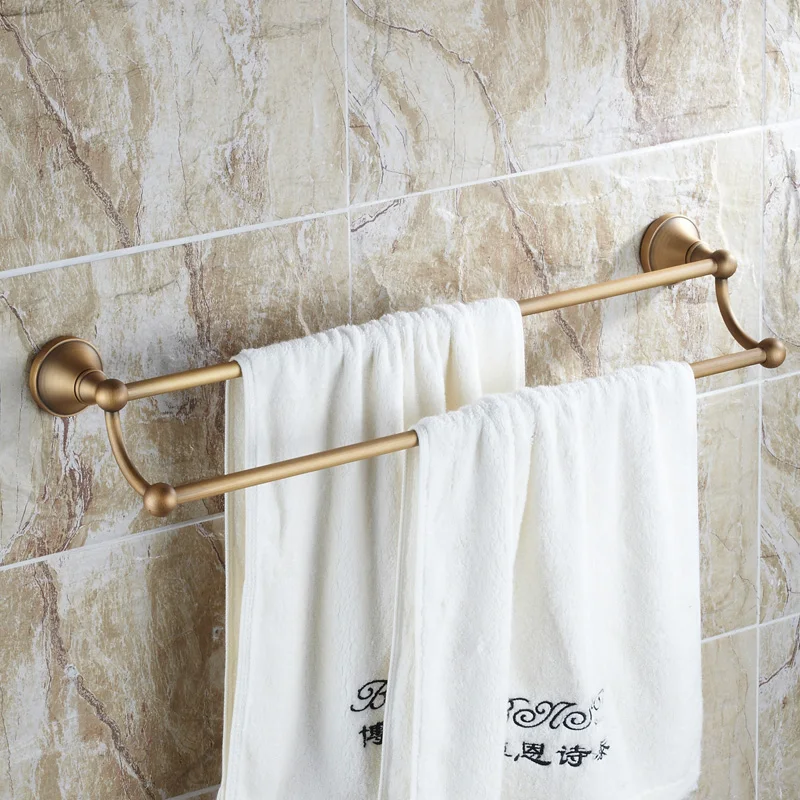 Antique Brushed Towel Rack Luxury Carved Solid Brass Double Layer Wall