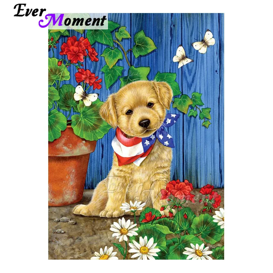 Ever Moment Diamond Painting Sitting Dog Flower Decoration For Home Cross Stitch Handmade Full Square Embroidery S2F2113 | Дом и сад
