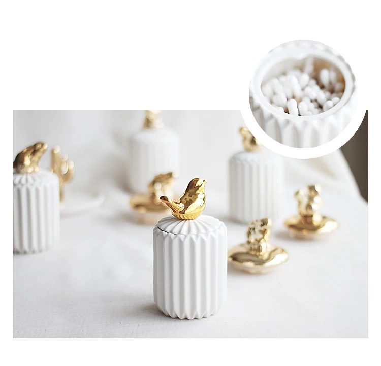 Nordic Cotton Swab Storage Box Organizer Small Animal Plating Ceramic Toothpick Storage With Lid Desktop finishing Jewerly Box decorative storage bins