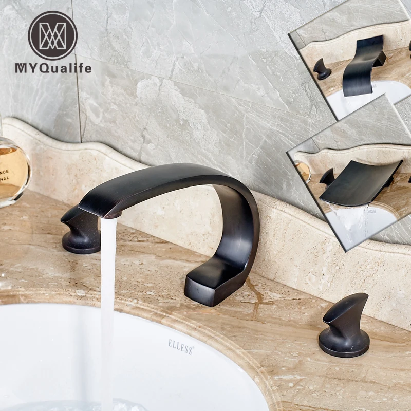 

Oil Rubbed Bronze Waterfall Spout Widespread Basin Faucet 3pcs Dual Handle Bathroom Sink Mixer Tap