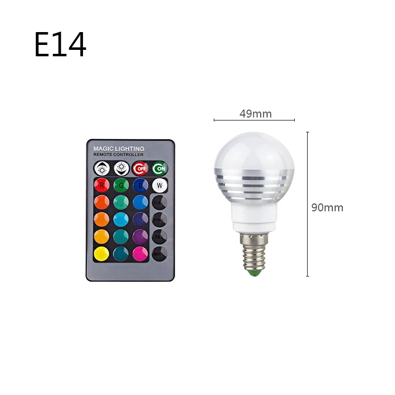 110 В, 220 В, E27, E14, RGB светодиодный светильник, 16 цветов, волшебный светодиодный ночник, светильник с регулируемой яркостью, 24key, пульт дистанционного управления, для дома, отдыха, окружающей среды - Испускаемый цвет: E14 3W