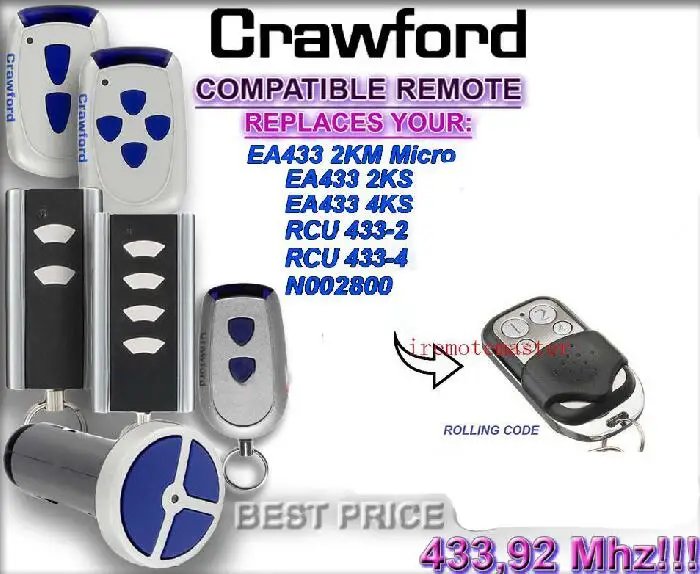 

For Crawford EA433 2KM MICRO,EA433 2KS RCU433 compatible remote replacement