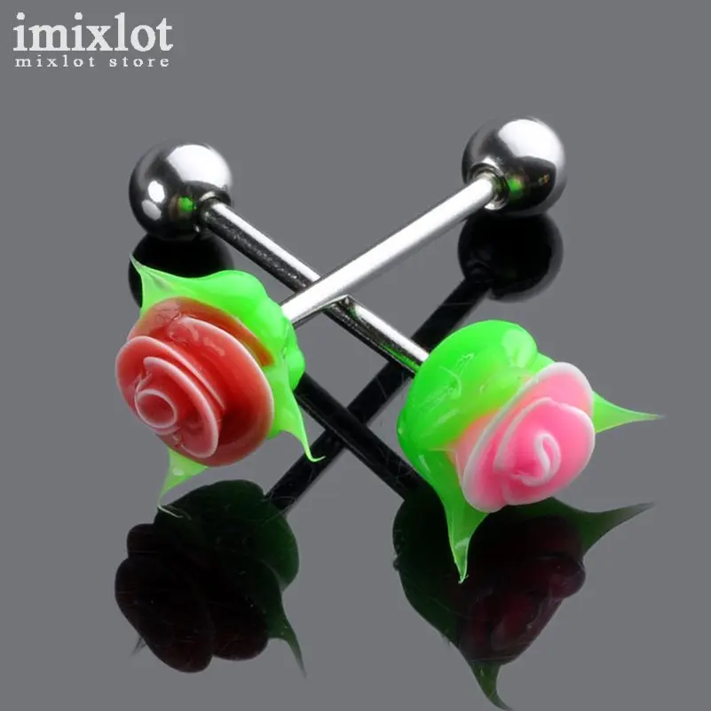 Imixlot 1pc Silicone Flower Tongue Ring Stainless Steel Barbell Bars
