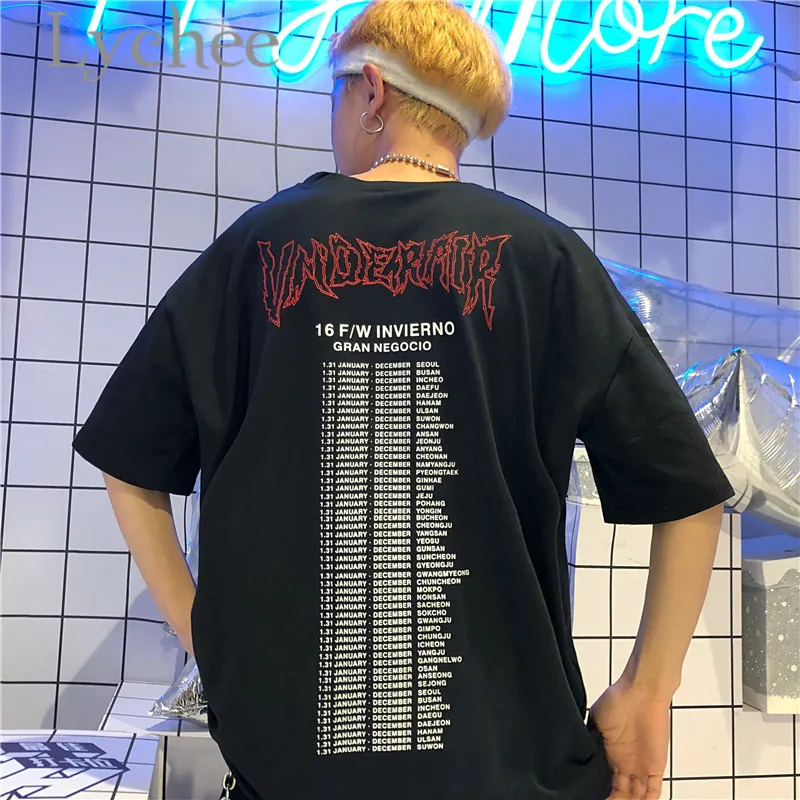 Lychee Streetwear Lightning Skull Letter Print Female T Shirt Top Tees Short Sleeve Crew Neck Loose Spring Summer Women T Shirts
