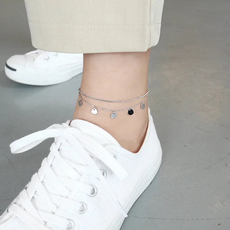 Форзац двойной цепи круглый кусок лодыжки браслет для женщин 925 пробы Серебряный Бохо обувь модные ювелирные изделия
