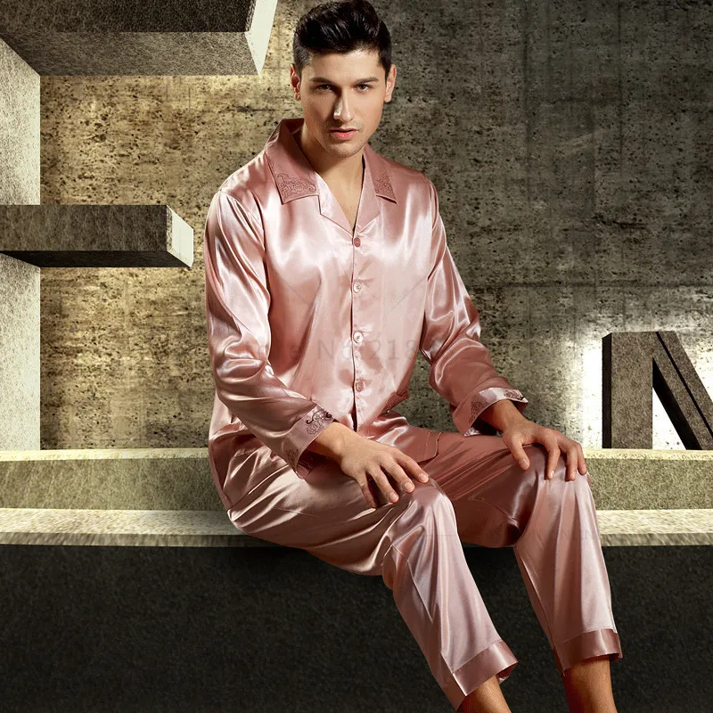 Мужские шелковые атласные пижамы комплект пижамы пижамный комплект весна ночное Sleepsuit Loungewear L, XL, 2XL, 3XL плюс Размеры