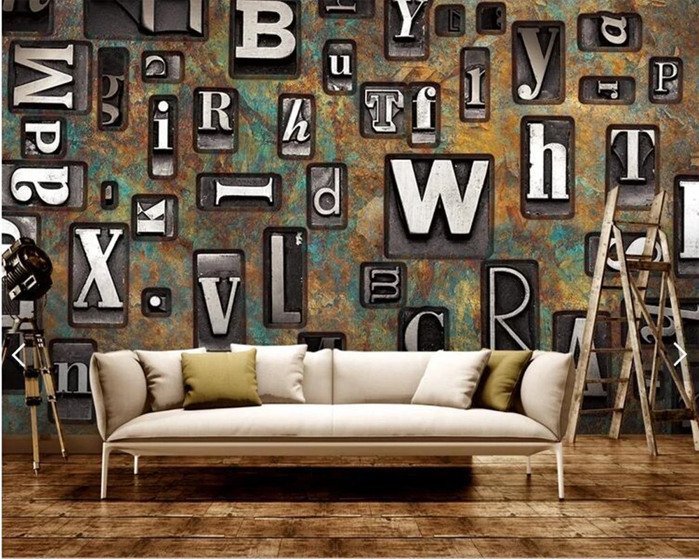 

Custom retro papel DE parede , English alphabet metal texture mural for living room bar KTV backdrop home decor wallpaper