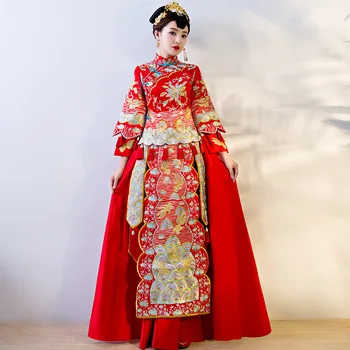 

New Red Chinese Female Tassels Wedding Cheongsam Floral Full Length Asian Bride Dress Vintage Embroidery Qipao Marriage Suit