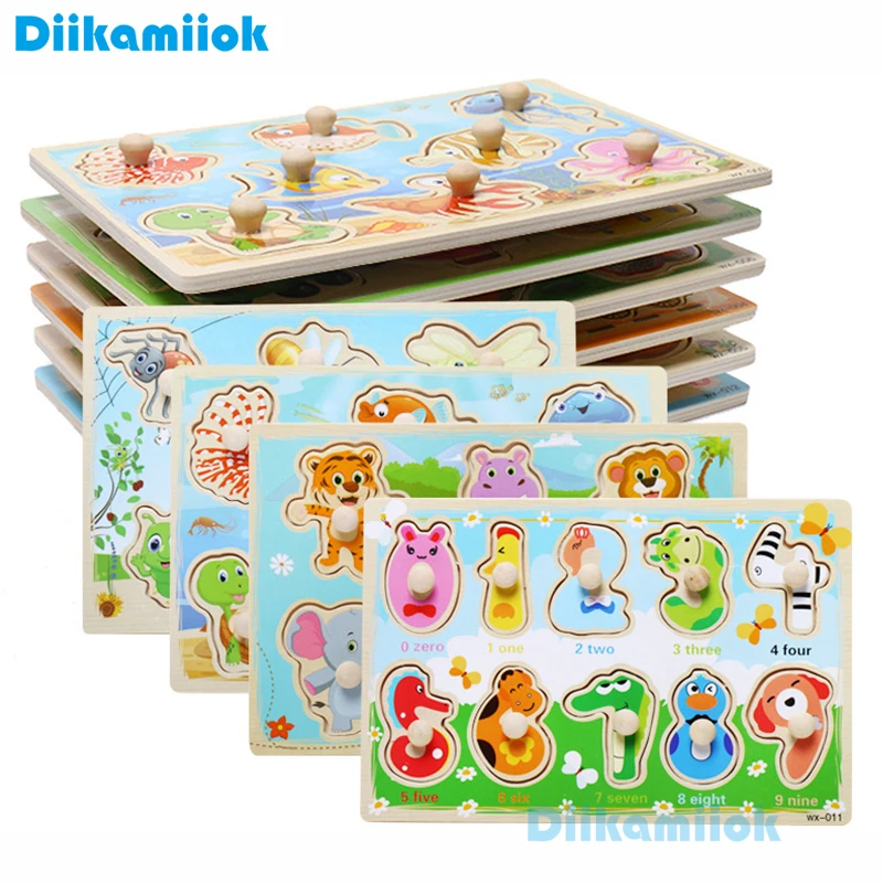 

New Style Hand Grasp Board Wooden Puzzle Toy For Children Cartoon Animal/ Fruit Wood Jigsaw Baby Early Educational Learning Toys