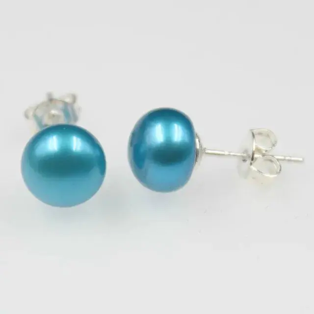 

Cultured Freshwater Pearl Earrings blue 925 Sterling Silver Stud / Studs