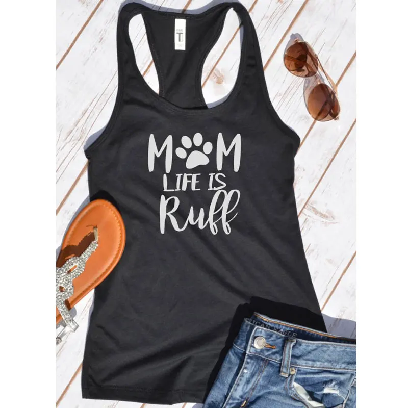 black-white text Жилет Mom Life Is Ruff Paw с принтом майка Модная женская сексуальная летняя без рукавов черная льняная форма для гимнастики рубашка Мама Жизнь, подарок - Цвет: black-white text