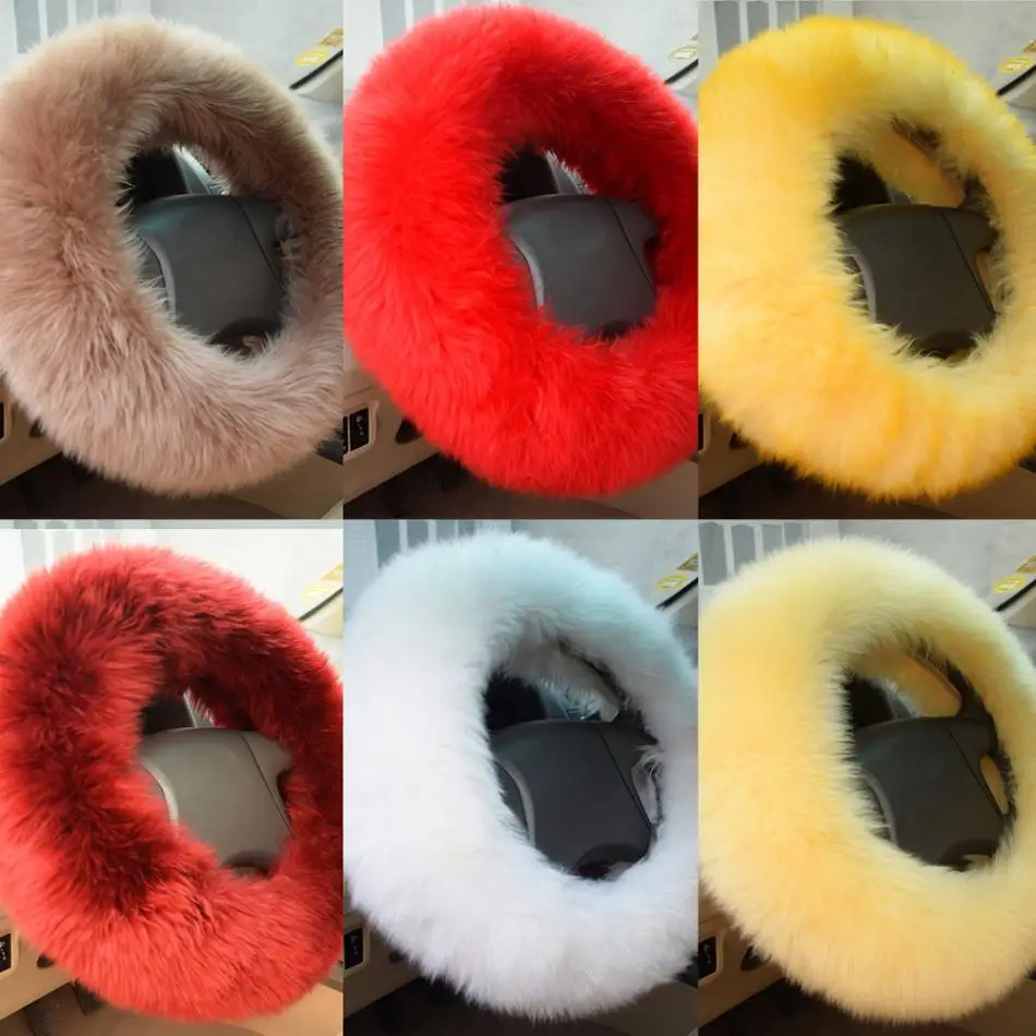 Goedkoop 3x Auto Winter Warm Lange Fuzzy Synthetische Wol Stuurwiel Handrem Gear Shift Cover Set