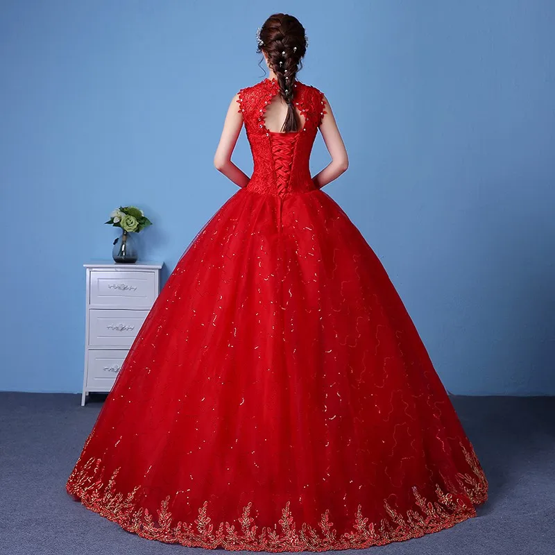 New Design V Neck Lace Wedding Dress Red Color Cheap Tulle Big Bridal Ball Gown Pregnant 8