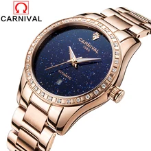 CARNAVAL Senhoras Relógios Das Mulheres De Luxo Diamante Oco Mecânico Automático Data Relógios Rosa de ouro Vestido Relógio Relogio feminino
