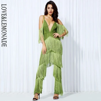 

LOVE &amp; LEMONADE Green Geometric Lace Tassel Deep V Collar Jumpsuit LM0091