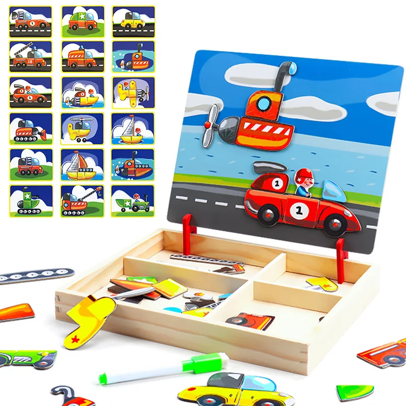 2 в 1 Магнитная транспортировка деревянная головоломка с чертежной доской Развивающие игрушки для детей магниты дорожного движения 3d Пазлы игрушка