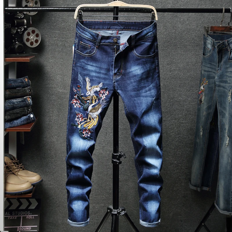 Хорошее качество мужские джинсы с вышивкой мужские хлопковые узкие брюки узкие джинсы модные ковбойские джинсовые брюки, джинсовые штаны