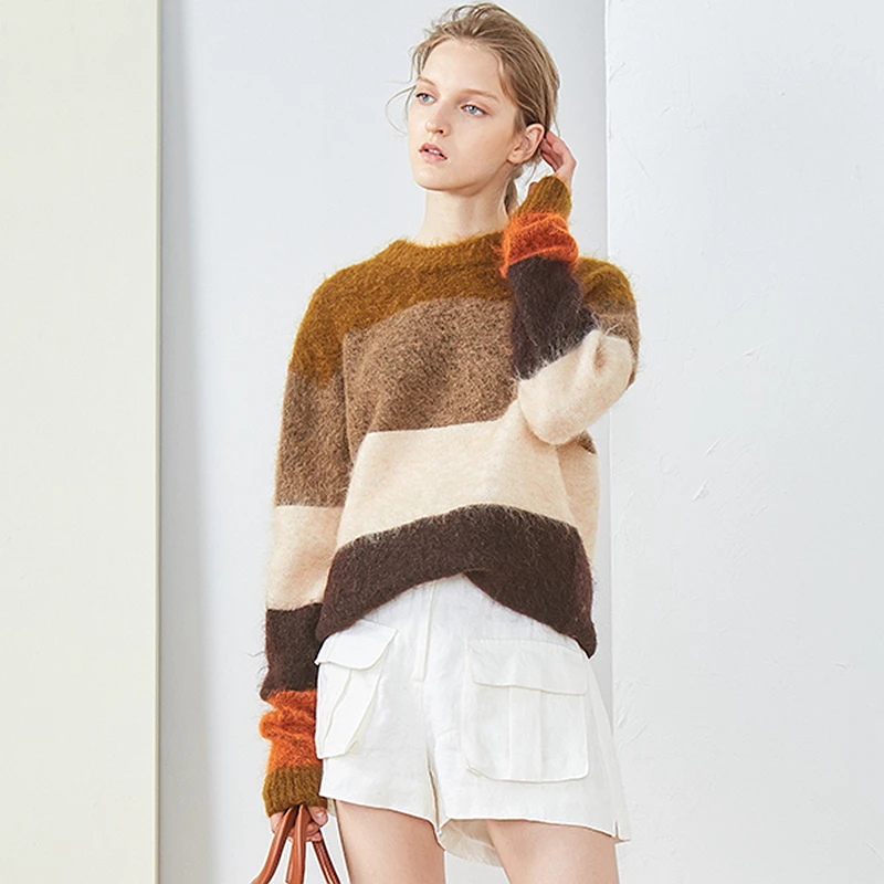Sweater Women Lazy Style Mohair Wool Blending Panelled Knited O Neck Long Sleeves Loose Knitwear Ladies Autumn 2018 New Fashion | Женская